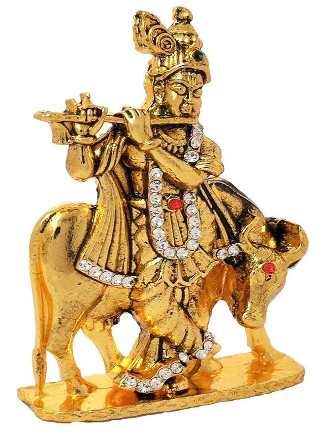 GCT Lord Krishna Idol with Cow Bansuri Krishna Idol (B-117) Gold Metal Statue for Home Décor Car Dashboard Mandir Pooja Murti Temple Puja Office Table Showpiece - Image 3